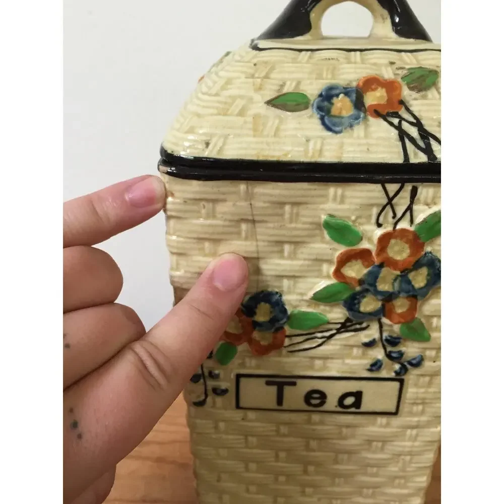 Vtg Hotta Yu Shoten Japan Japanese Basketweave Majolica Tea Jar Kitchen Canister